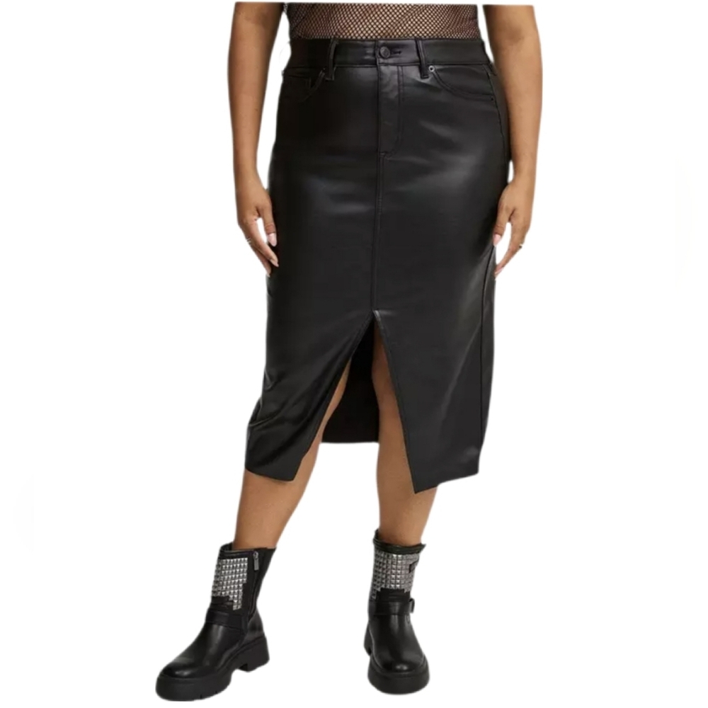 torrid Black Faux Leather Midi Skirt with Front Slit